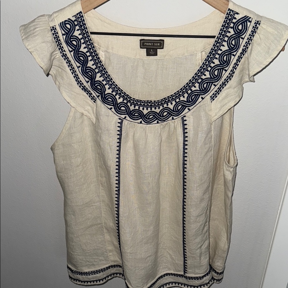 J. Crew Cream Blouse with Navy Embroidery